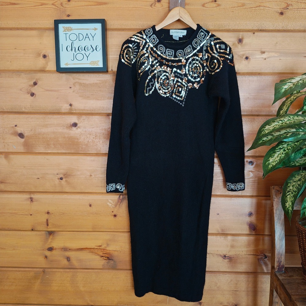 Outlander‎ Vintage 80s Black Lamb Wool Angora Rabbit Dress Gold Bead Sequin Sz S